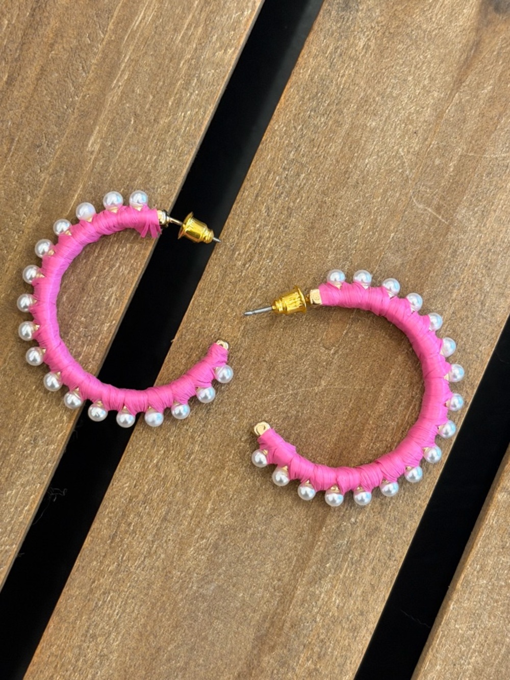 Hot Pink Raffia Earrings with Faux Pearls